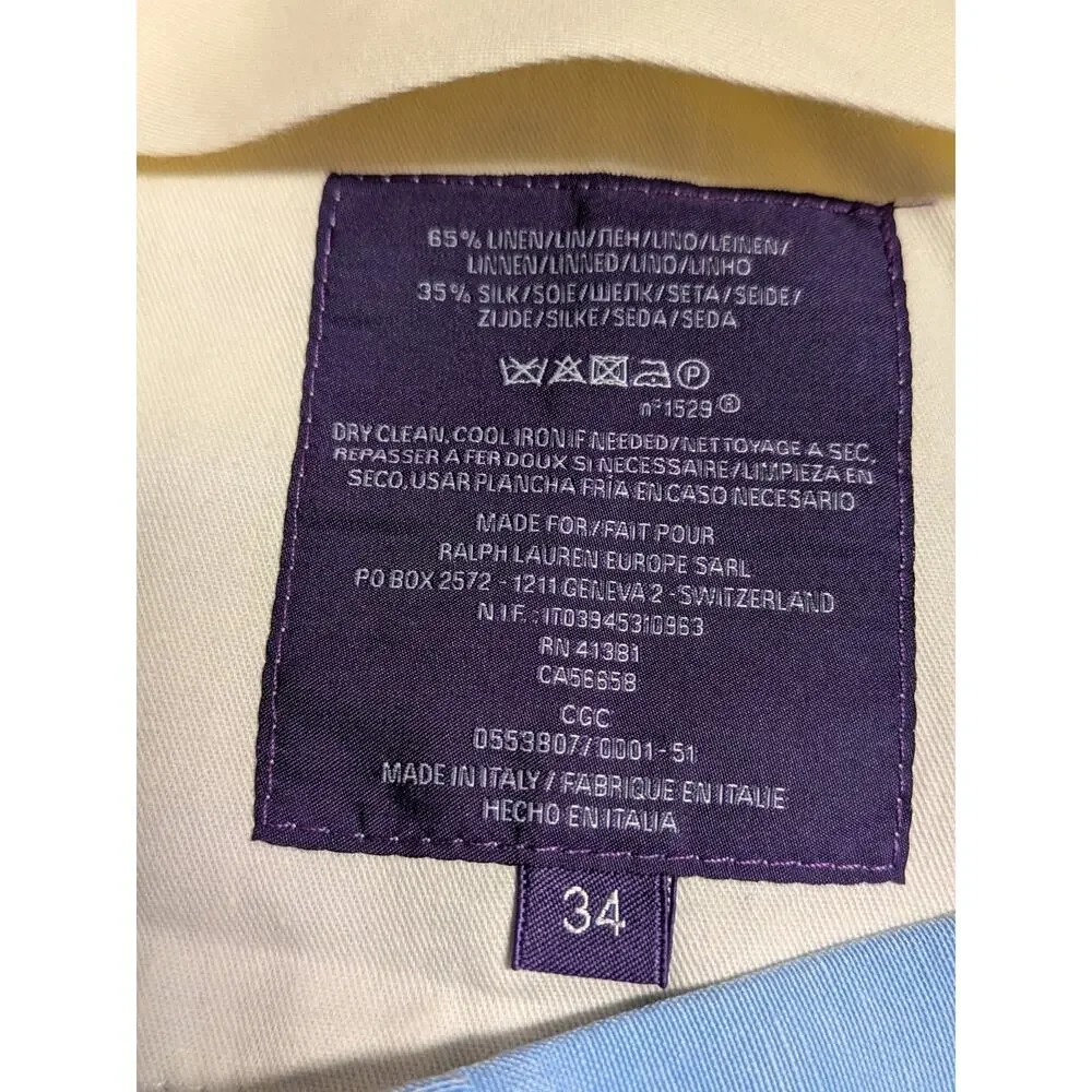 Ralph Lauren Purple Label Linen Silk Pants 34x30 Blue Trousers Cuffed *Flaw